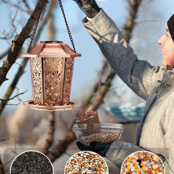 Solar Bird Feeders for Outdoors Hanging - Premium Grade Metal Bird Feeder, Chew- - Picture 3 of 6